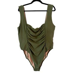 NWT J. Crew Safari Green Ruched Square Neck One Piece UPF 50 Swimsuit Size 24